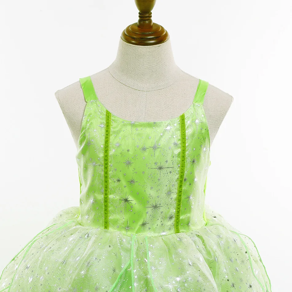 Tinker Bell Sling Dress para niños, disfraz de princesa verde brillante, trajes de actuación de escenario, vestido elegante de fiesta de Cosplay para niños, Verano