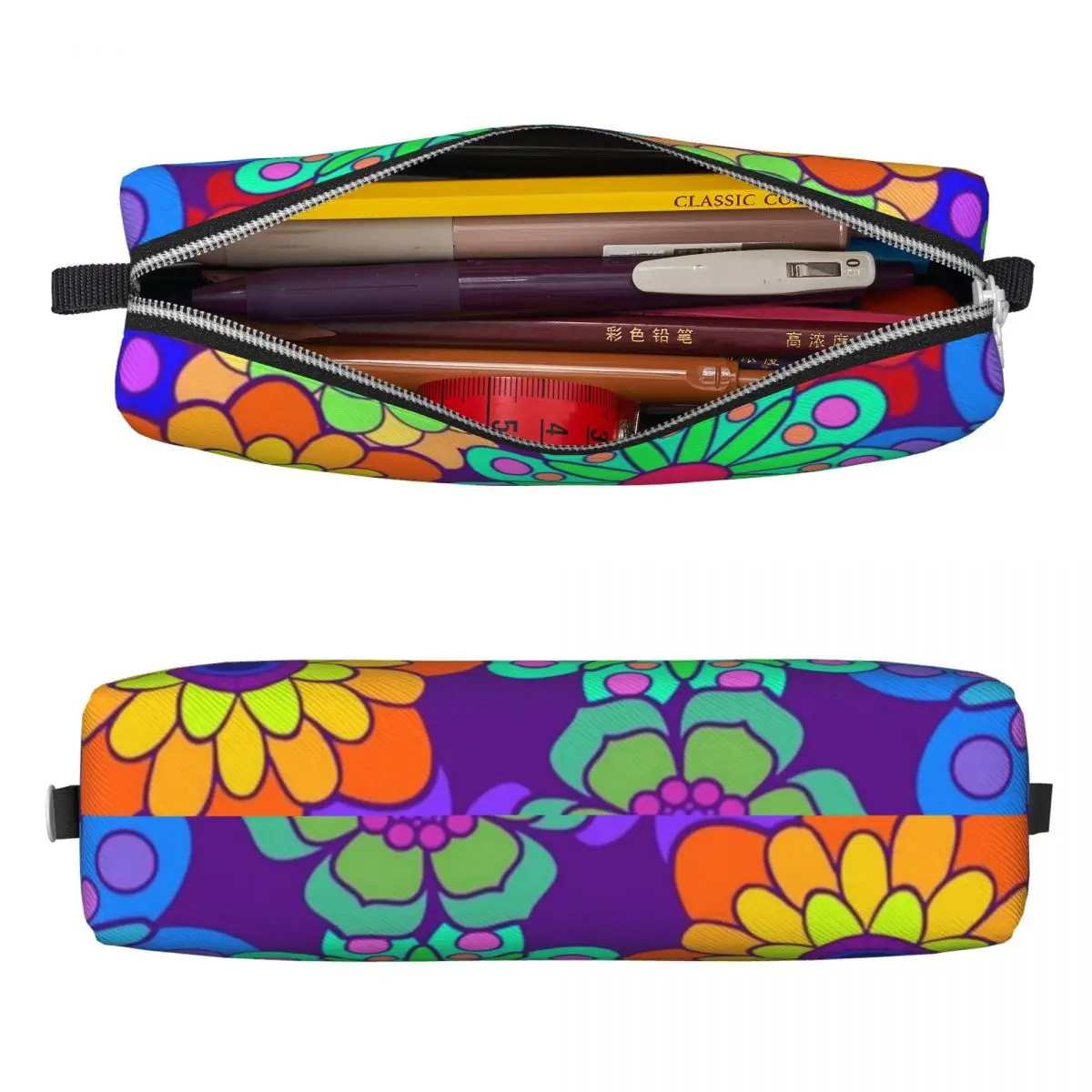 Kawaii Pencil Case Retro Hippy Flowers Pencil Pouch Flower Power Print School Pencil Cases Boy Girl Square School Supplies