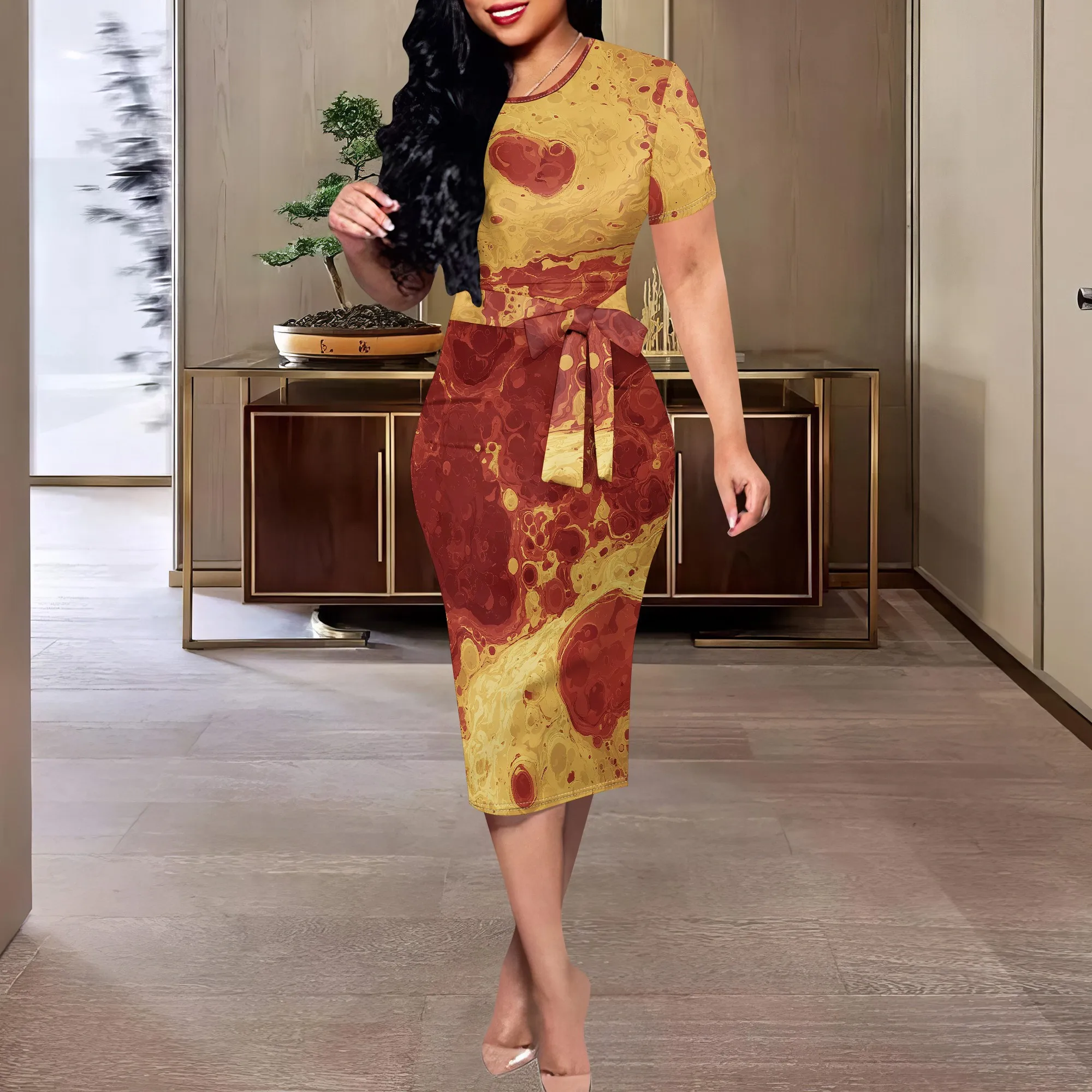 

Marble Print Midi Dress XS-3XL Short Sleeve Belted Artistic Style for Gallery Events, Urban Streetwear or Bold Fashion Look