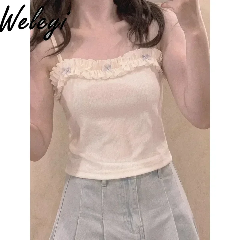 Kawaii Women Clothes Lace Bow Suspenders Summer New in Ropa Para Mujer Blusas Sweet Versatile Fungus Edge Slim Fitting Inner Top