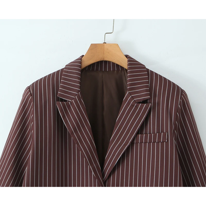 مزاجه البني مخطط تنوعا السترة للنساء طويلة الأكمام واحدة الصدر فضفاضة دعوى سترة الإناث معطف ربيع الخريف