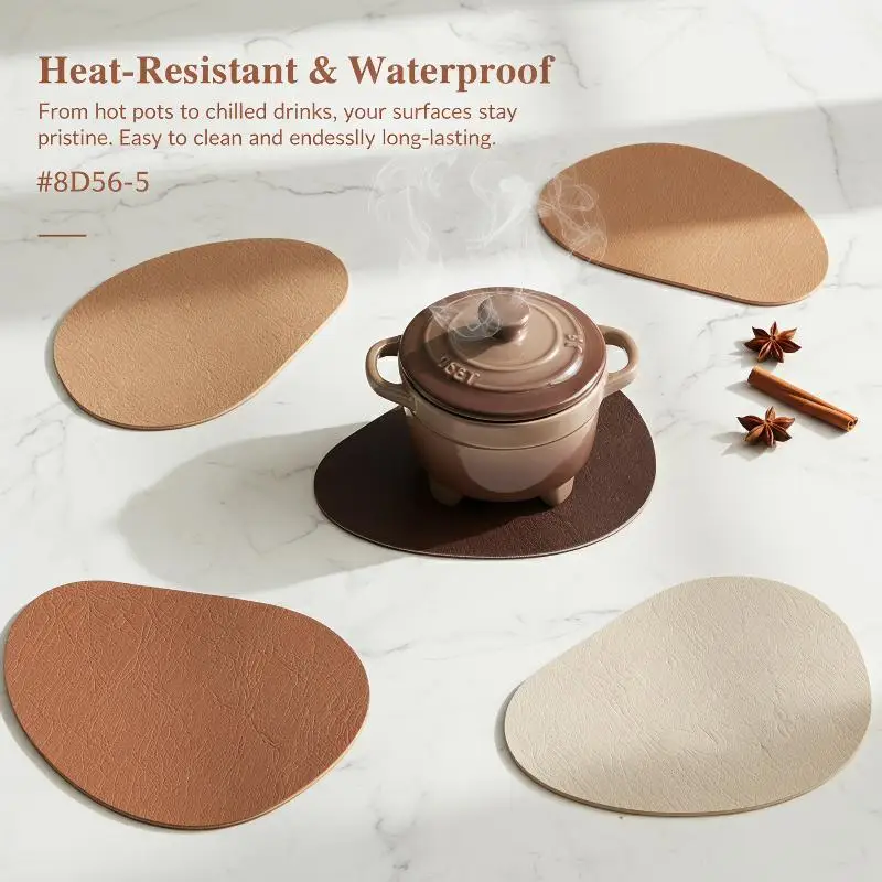 Round Faux Leather Placemats And Coasters Set  Non Slip Heat Resistant Table Mats For Kitchen Dining Table Protection