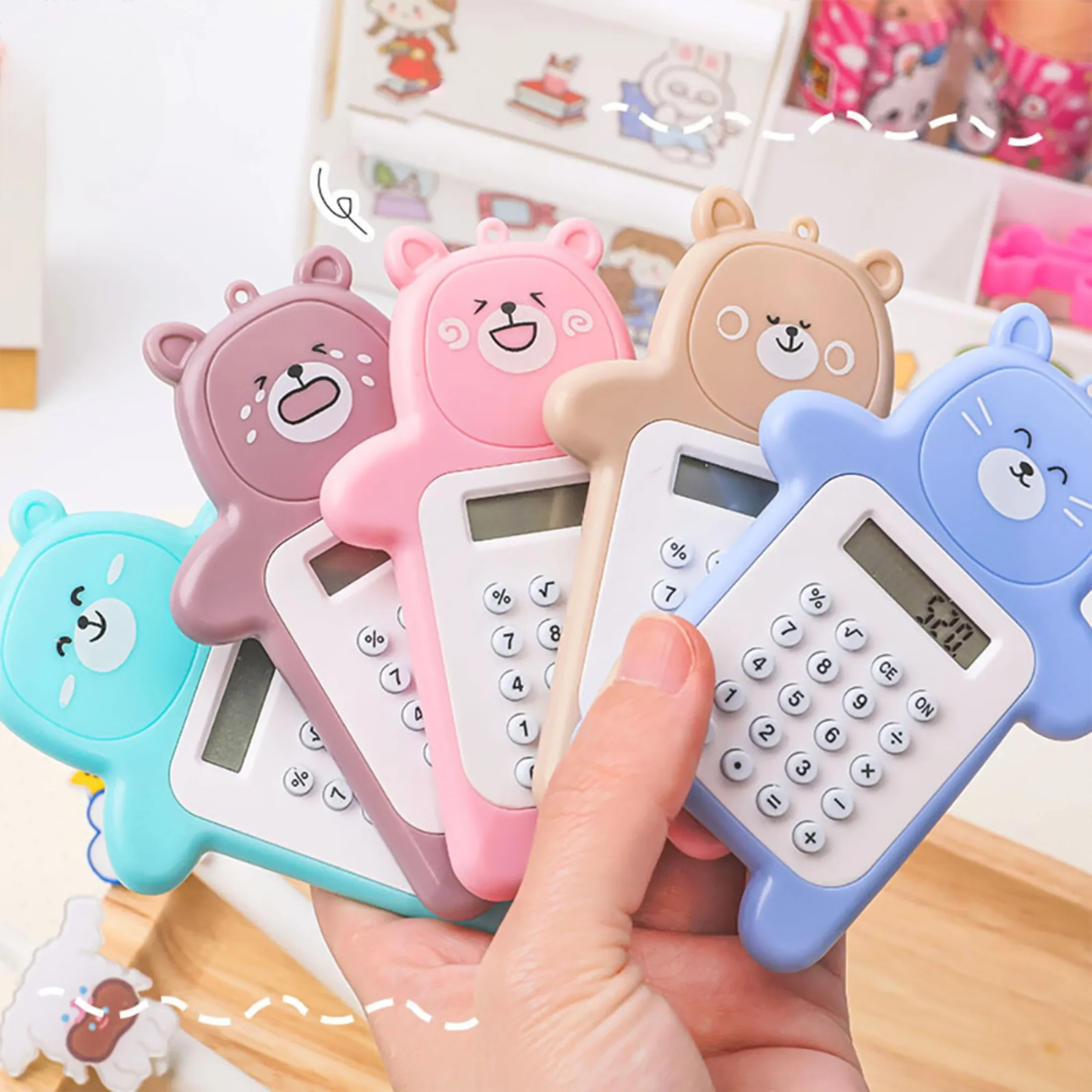 Mini Calculator Portable Pocket Size 8 Digits Display Cartoon Cute Bear Ultra-thin Button Calculator School Supplies for Child