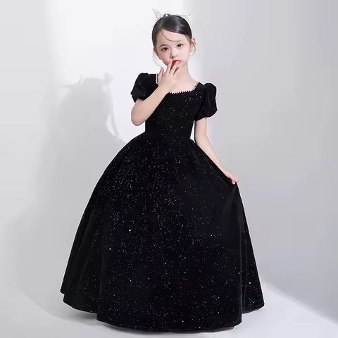 Evening Dress for Girls Host Birthday Piano Performance Short Sleeve Children's Formal Dress Princess Dress Dress