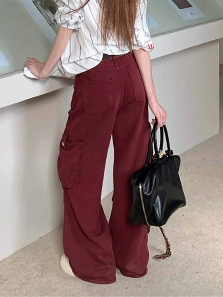 2024 Ropa Y2K Streetwear Wine Red Multi Pockets Baggy Jeans pants For Women Clothes Wide Leg Luxury Casual Lady Cotton Trousers