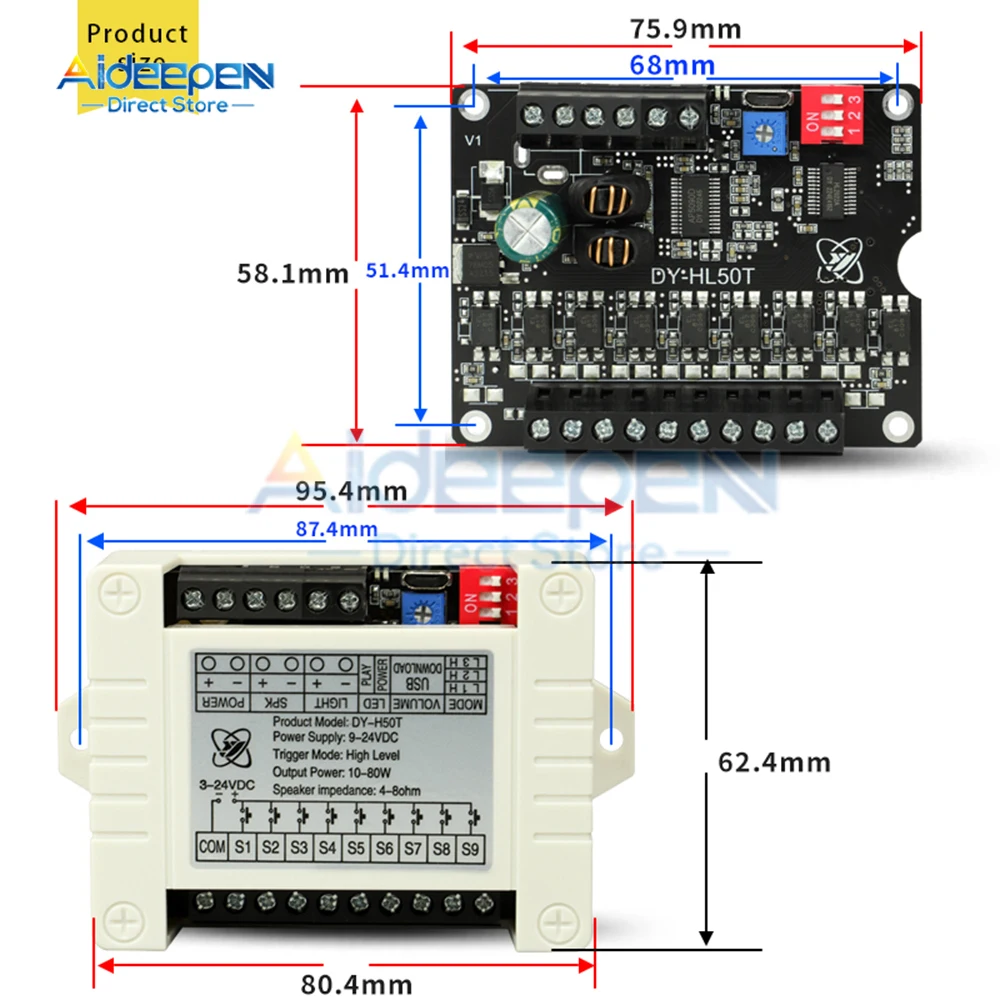 MP3 Power Voice Broadcast Prompt Module DC9-24V 60W High And Low Level Trigger One-To-One Mp3 Playback Support Tf Card U Disk