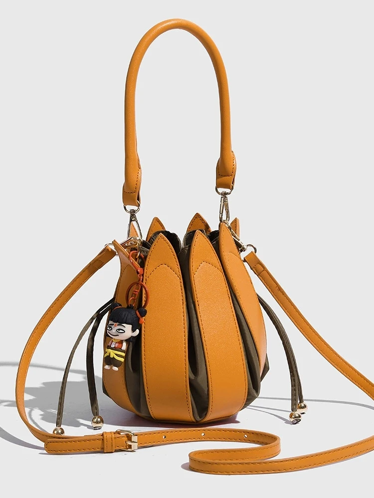 Bolso Lotus, bolso calabaza, con empalmes de colores contrastantes, bolso tipo cubo de mano, bolso de hombro cruzado moderno, bolso linterna