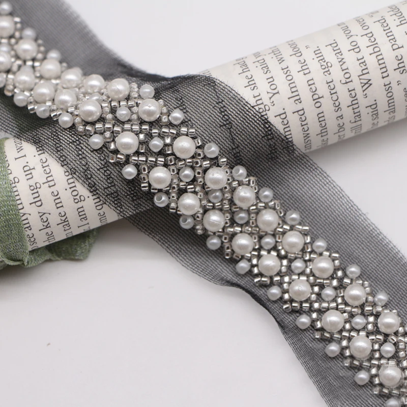 1Yard White Black Pearl Lace Beaded Trim 4.5CM Wide Embroidery on Mesh Pearl Ribbon DIY Crafts Bel Decoration Sewing Clothes