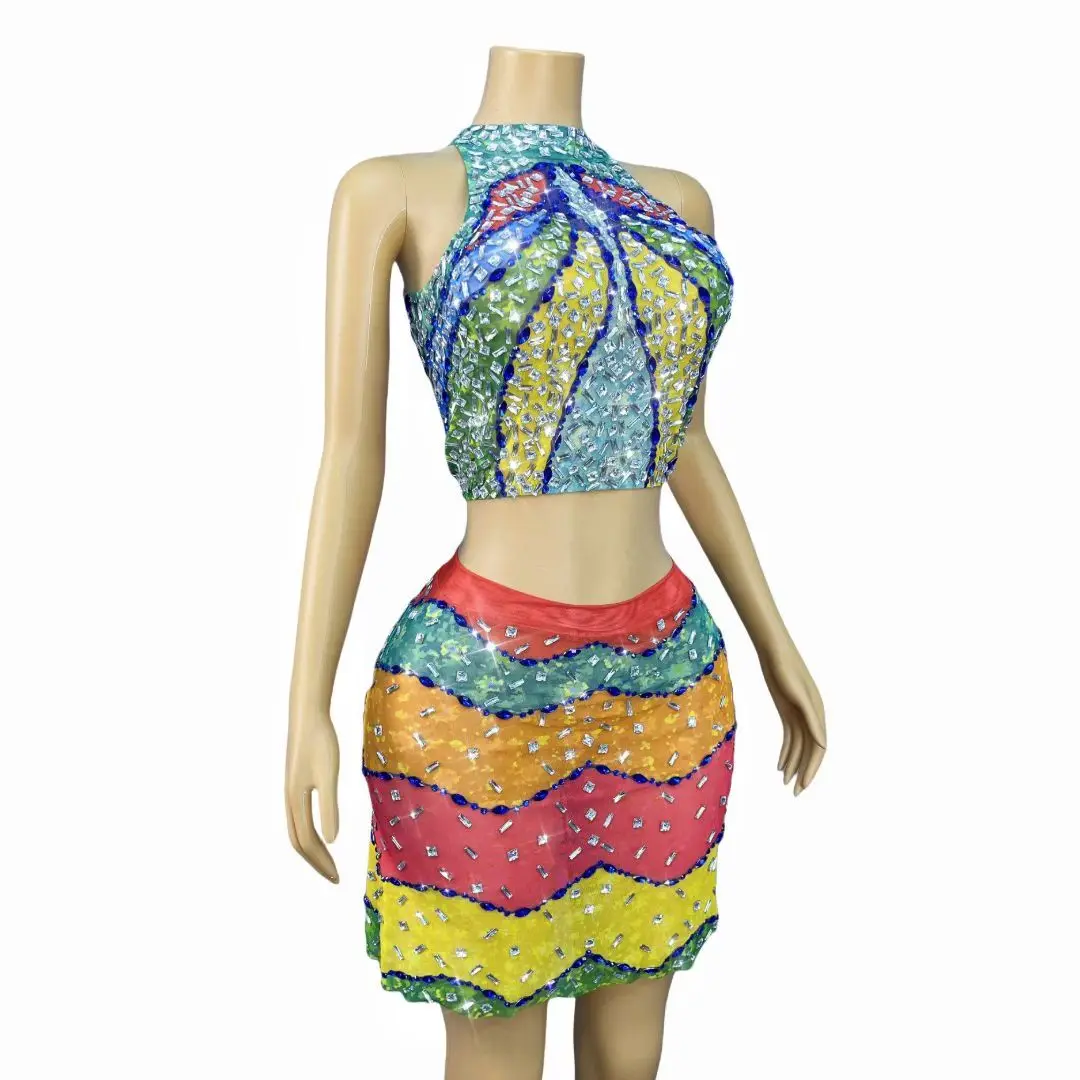 

Qicaiguang Women Sexy Colorful Striped Gorgeous Hanging Neck Top Hip Hugging Skirt Set Bar Dancer Performance Costume