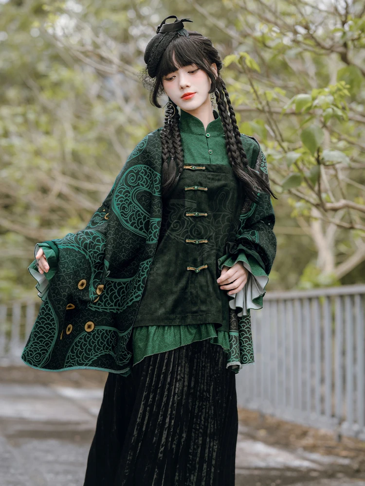 New Chinese Style National Style Han Elements Cashmere Printing Shawl Autumn And Winter Keep Warm Outfit Scarf Blackish Green