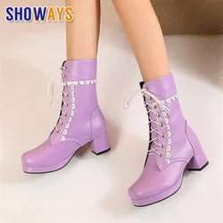 Plus Size Cute Women Mid-calf Boots Purple Pink High Square Heel Cosplay Party Lady Round Toe Winter Lace Lolita Half Cane Boots