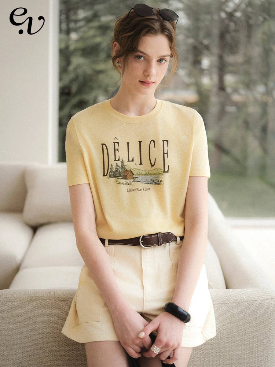 

Even Vintage Mixed Fibre Short Sleeve round Neck T-Shirt with Letter Print in Light Yellow Casual Style Women's Fashion