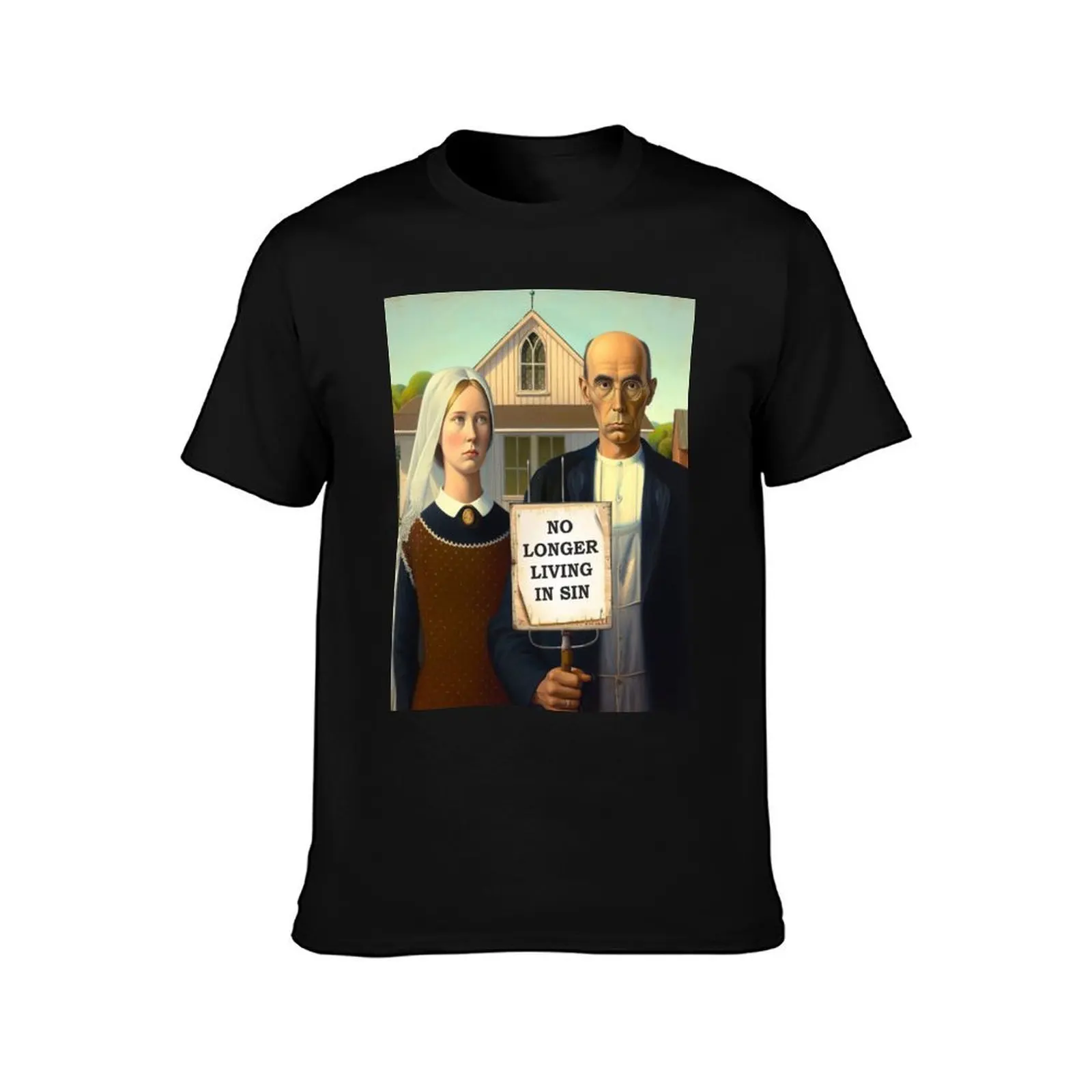 American Gothic Grant Wood painting Famous Art parody T-Shirt Basic Solid Color Casual Tee Shirt
