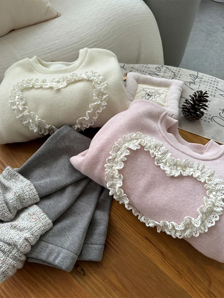2024 Winter New Children Fleece Sweatshirt Plus Velvet Thick Girls Lace Heart Long Sleeve Tops Casual Pullover Kids Warm Clothes