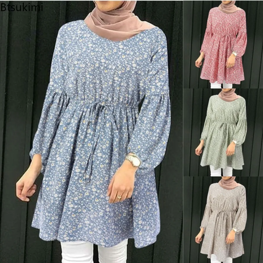 2024 Muslim Fashion Long-sleeved Casual Blouse Women\'s O-neck Floral Print Elegant Lace-up Tops Women Islamic Clothes Mini Dress