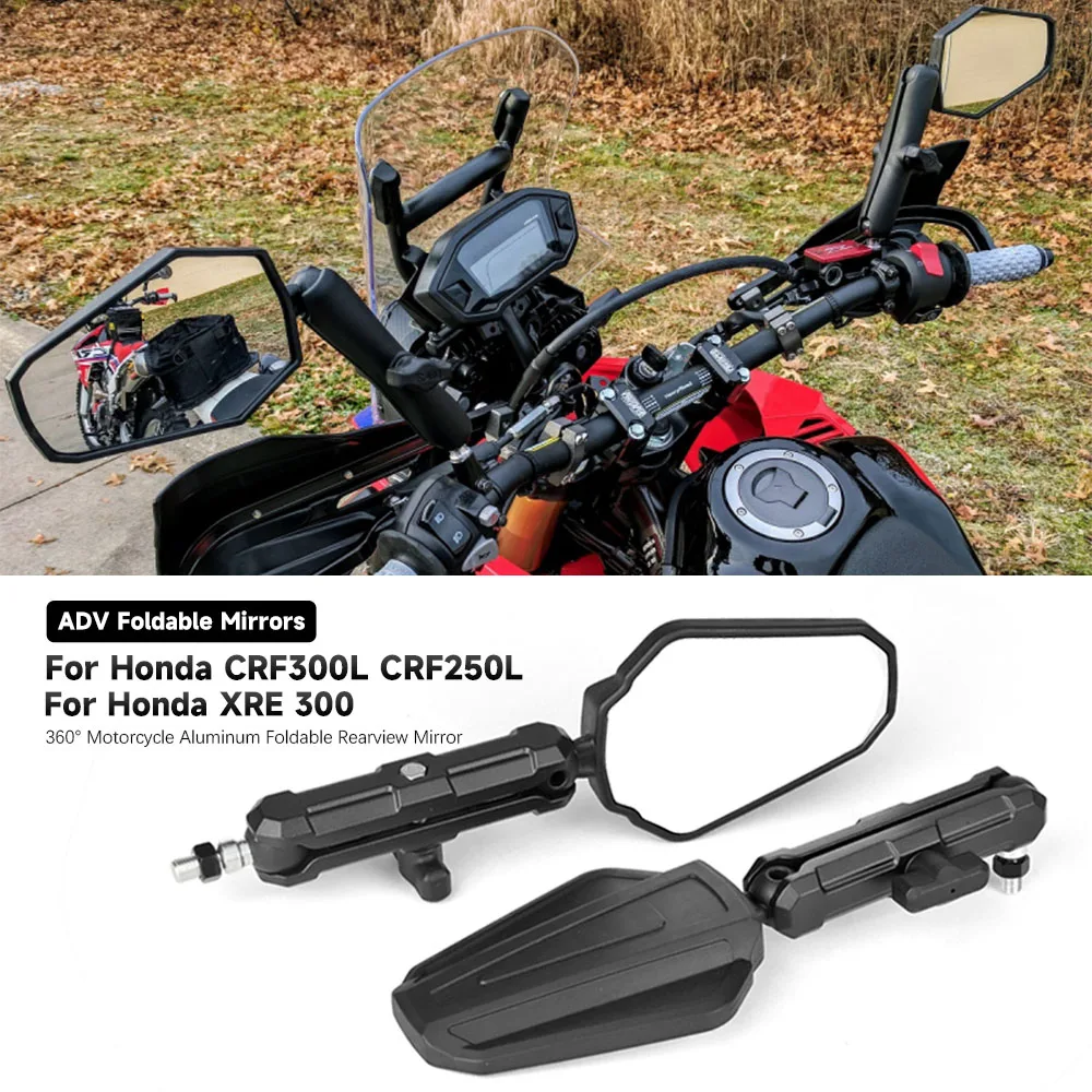 Espejo Retrovisor Plegable de Aluminio para Motocicleta HONDA XRE 300 XR 650 600R 400 250 Motard CRF 250L 300L Rally, 360 Grados ° Ajustable