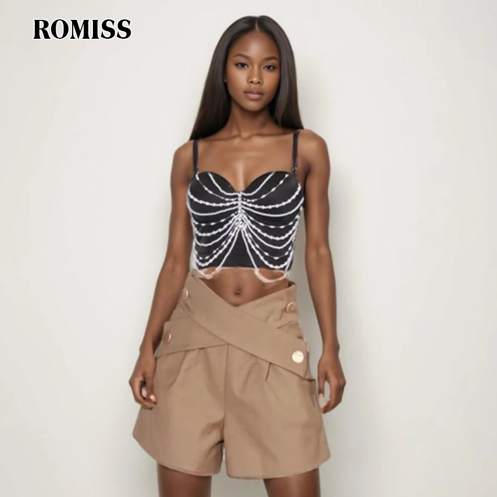 Romiss Patchwork Perlen sexy Tanktops für Frauen quadratischen Kragen ärmellose rücken freie gespleißte Diamanten abnehmen kurze Westen weiblich