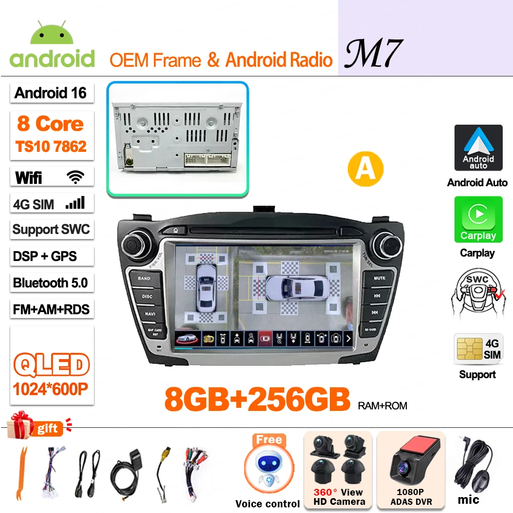 Android 16 Carplay voor Hyundai IX35 Tucson 2 LM 2009 - 2015 autoradio multimediaspeler QLED scherm GPS navigatie WiFi 5G