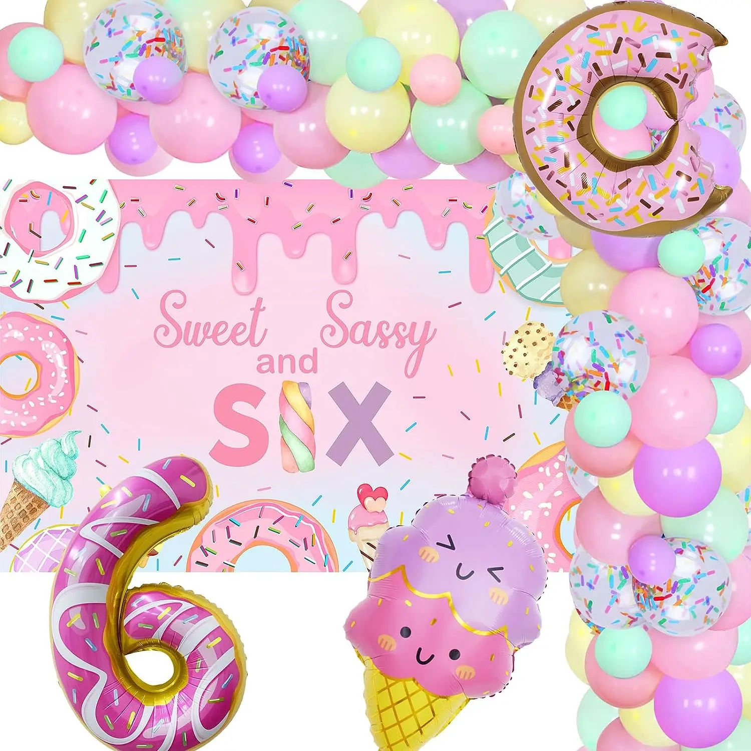 

Donut 6th Birthday Party Decorations Sweet Sassy and Six Birthday Backdrop Pastel Donut Balloon Garland Ice Cream Donut Balloon