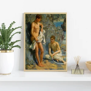 خمر مثلي الجنس عارية رجل الفن اللوحة ، مطبوعات قماشية ، الحمام ، بواسطة هنري سكوت ، توك الشمال ، صور حائط غرفة النوم ، ملصق ديكور المنزل أفضل 8 مبيعات إطار فني عاري للرجال - No5