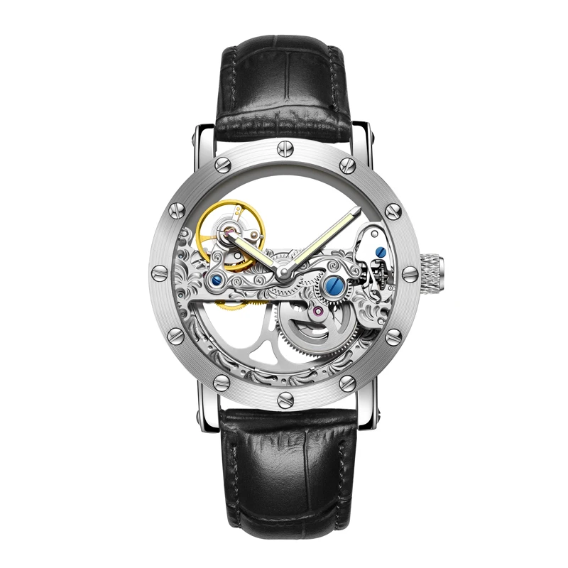 Luxury Brand WOONUN Leather Strap Transparent Dial Golden Case Mens Watches Automatic Mechanical Orologio Men