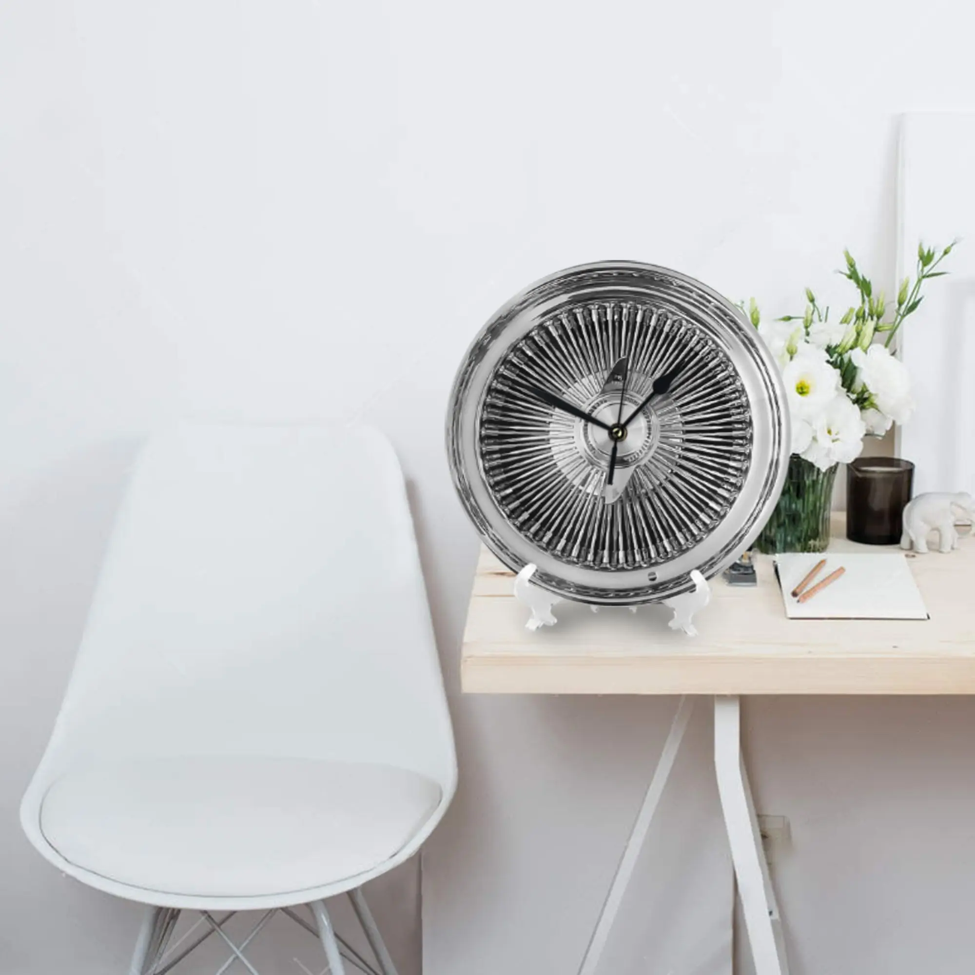 Lowrider Classic Chrome Wire Wheel Wall Clock Room Decoration Silent Round Clock for Bedroom Living Kitchen Home