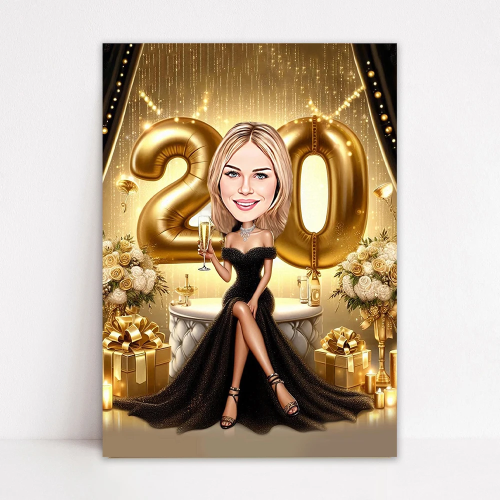 

Custom 20th Woman Cartoon Portrait Poster 18th Birthday Caricature Print 25th Birthday Canvas Painting Personalized Birthday Art