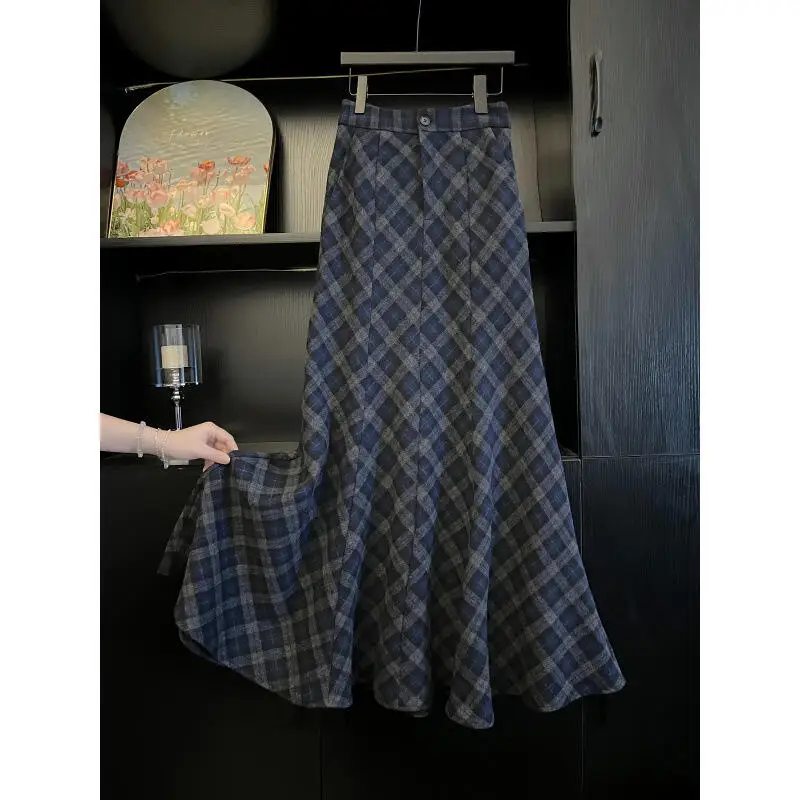 

Autumn Winter Quality Woman Skirt Retro Sanding Grid Thicken A-Line Skirt High Waist Versatile Girl Temperament Mermaid Skirt