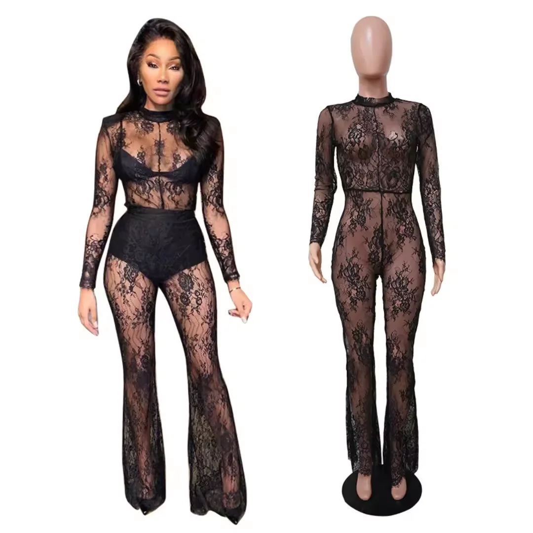 

Fishnet Bodysuits Outfits Transparent Sexy See Through Hallow Out Lace Jumpsuit Long Sleeve Skinny Party Club One Piece