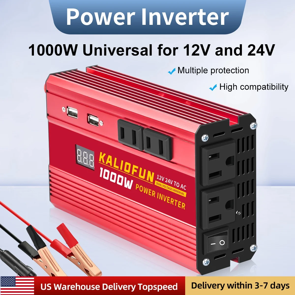 

Modified sine wave inverter, American-style socket DC 12V 24V dual voltage to AC 110V, 1000W/2000W, 60HZ car power converter