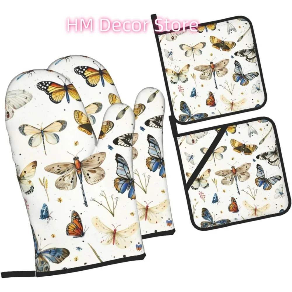 White Blue Dragonflies Oven Mitts and Pot Holders Sets of 4, Cute Heat Resistant Oven Mitts - Non-Slip Cooking Gloves for Kitche