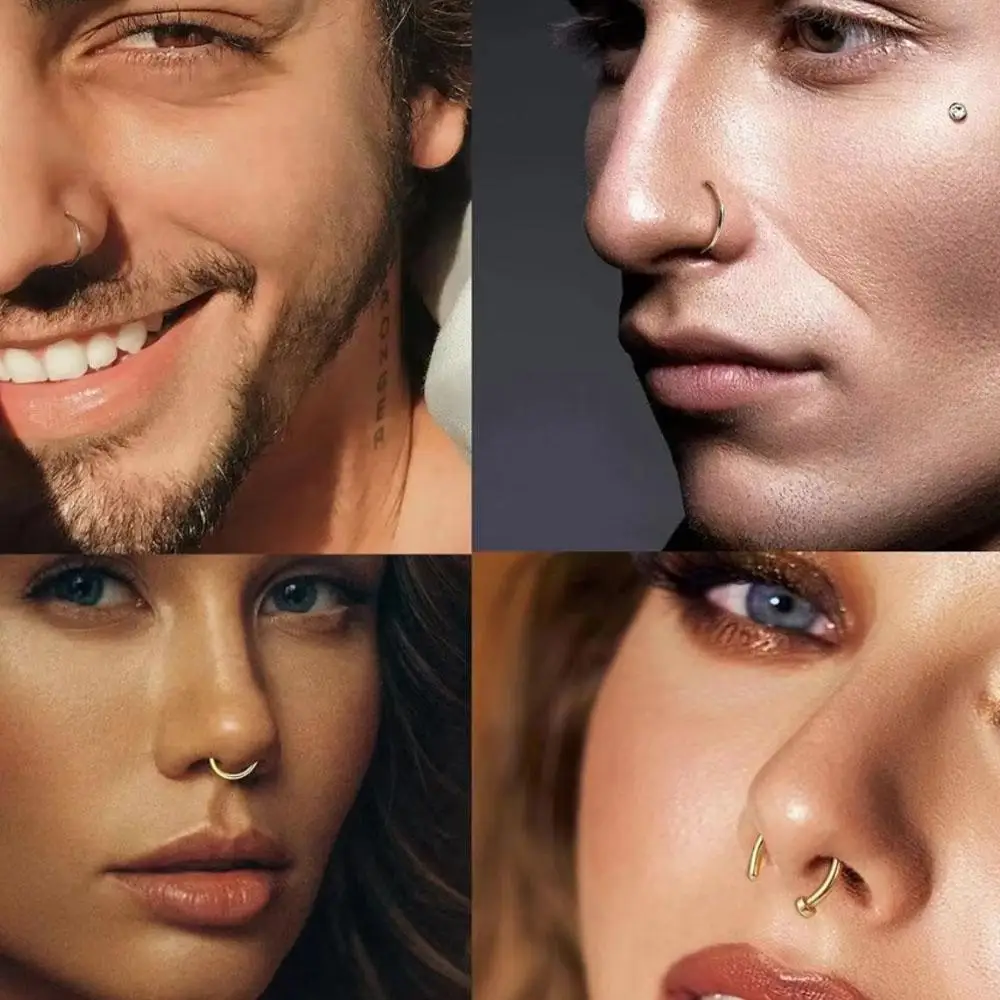 1-5pcs New Curved Barbells Fake Nose Piercing D Shaped Tragus Helix Stud Earring Stainless Steel Ring Nostril Body Jewelry