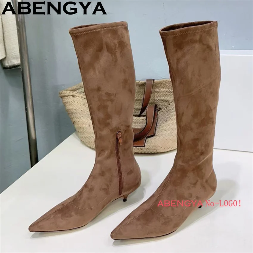 

Brown Black Suede Leather Pointy Toe Knee High Boots Women Kitten Heels Slim Boots 2026 Winter Sexy Fashion Week Boots Mujer