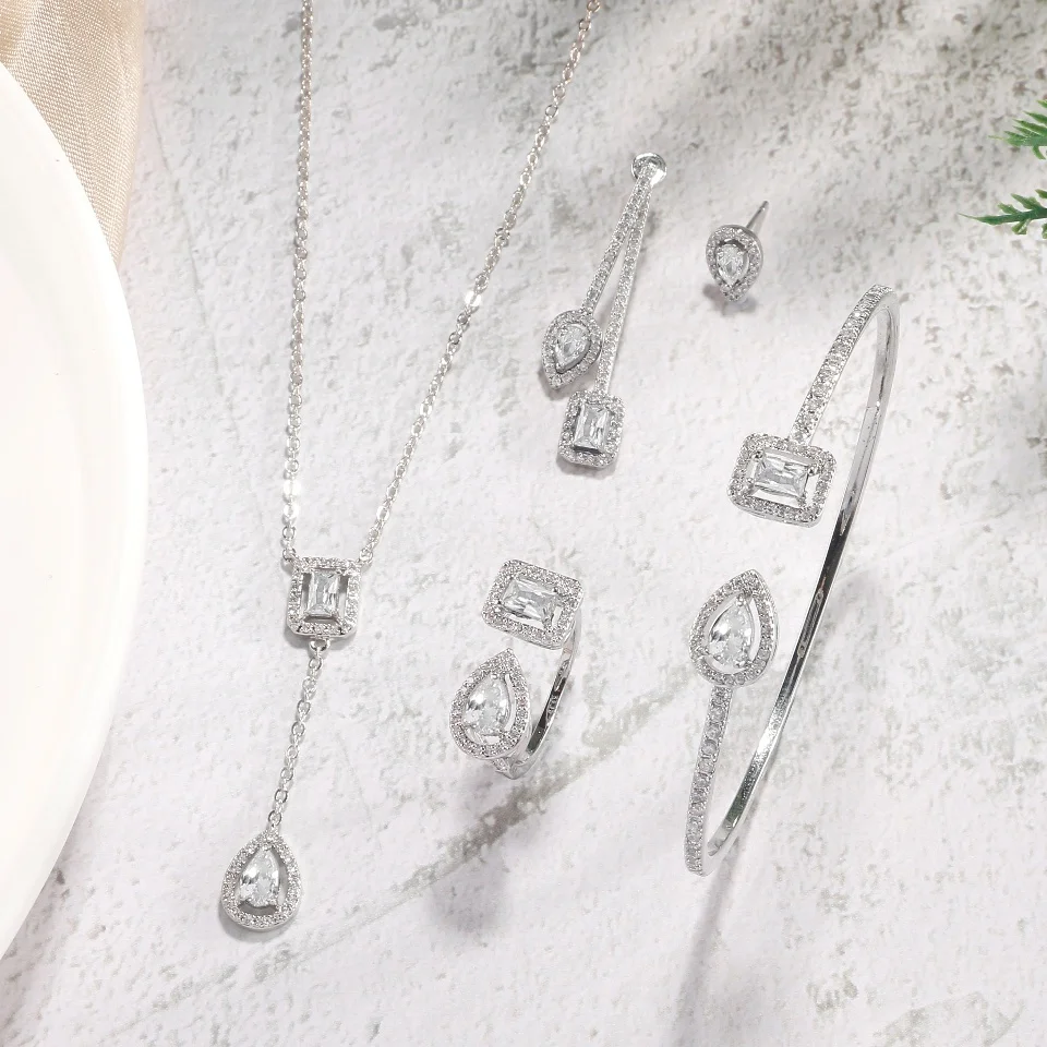 UILZ Elegant Exquisite Copper Necklace Earrings Ring Bracelet For Women Set 4pcs Charm Fashion Party Jewelry Sets Accessories