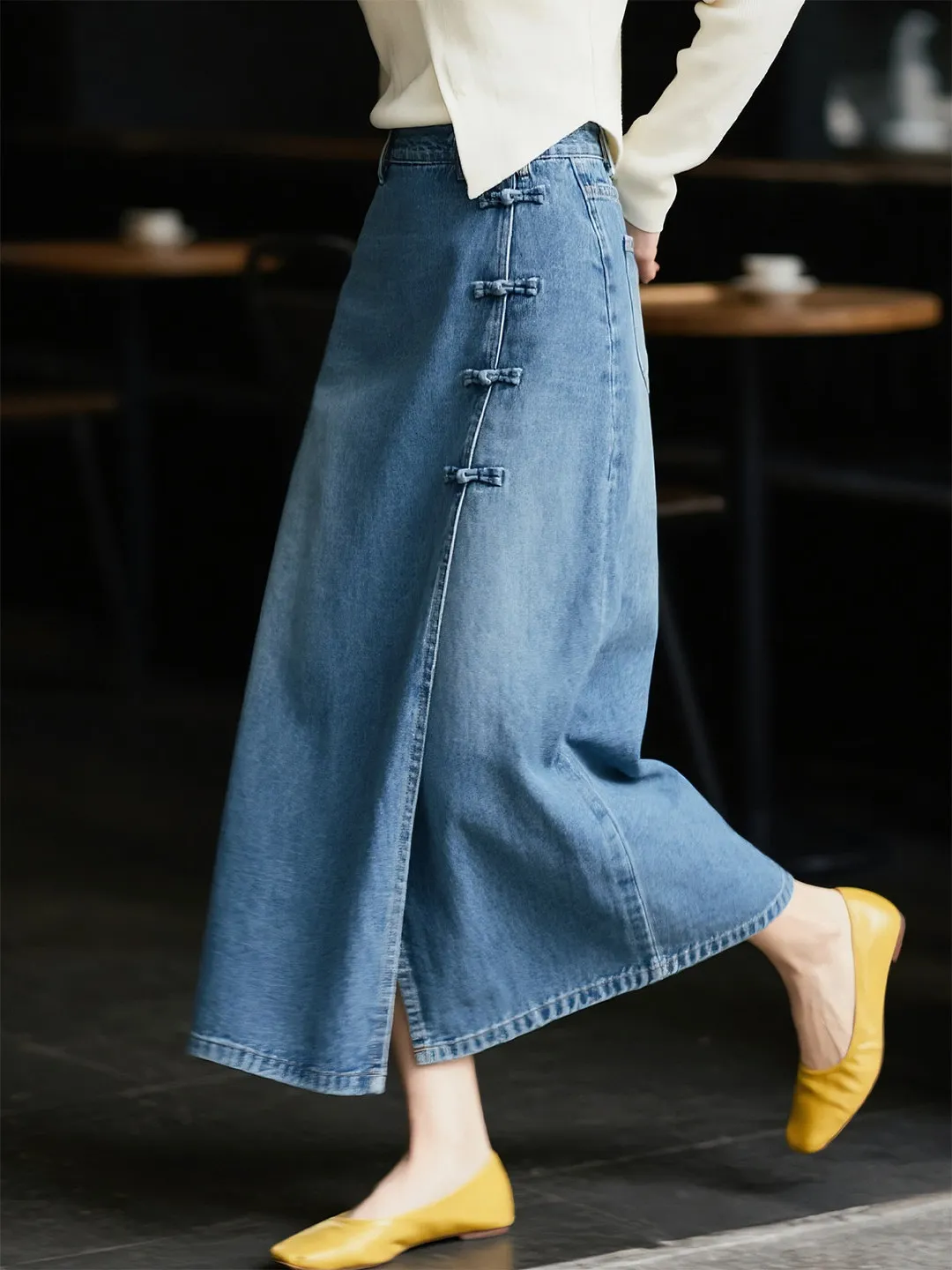 Retro Blue Denim A-Line  Skirt Women's High Waist Slit New Chinese Style National Trend Buttoning Spring 2026 New Arrival
