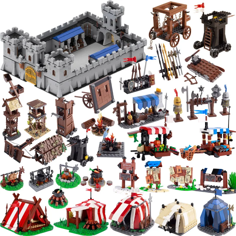 Medieval Military Tower Building Block Rome Knight Castle Siege Vehicle Hammer Boat Tent Flag Sword