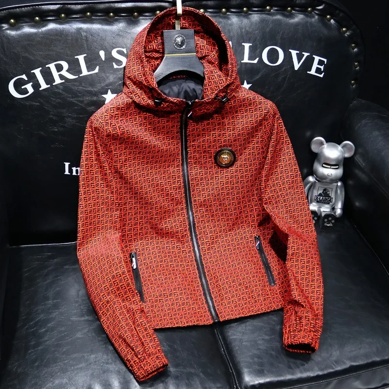 Men's Casual Jacket European Station Men's New Clothes Autumn Hooded Embroidery Jacket Youth Plaid Pattern Raccoon