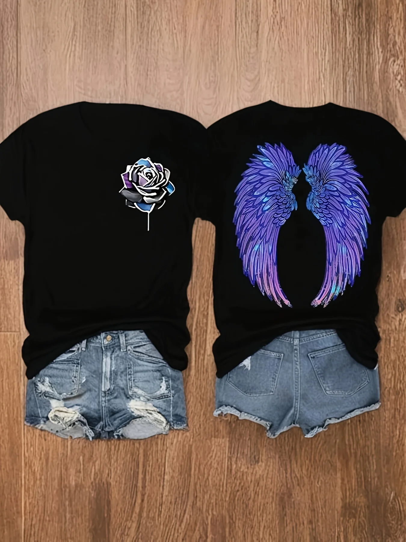 Haut décontracté à manches courtes pour femmes, imprimé Floral, col rond, coupe confortable, t-shirt graphique noir pour tenue décontractée