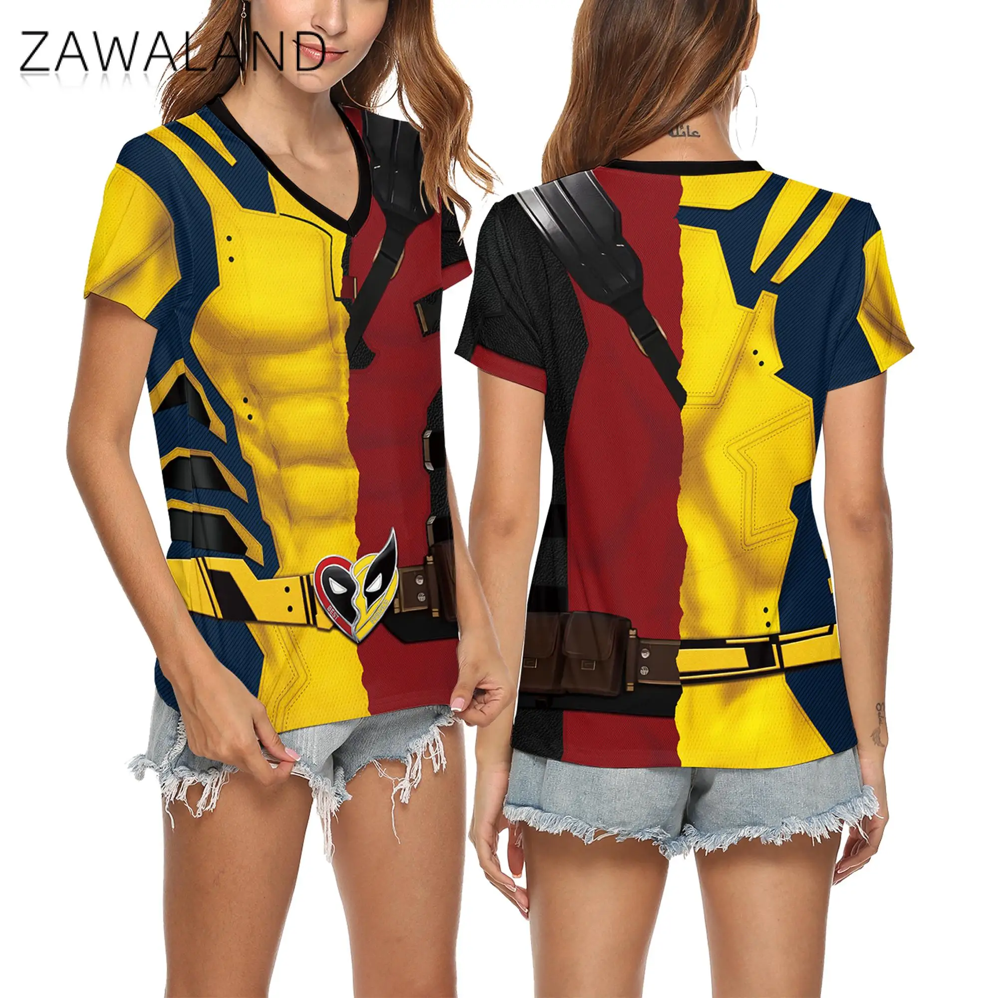 Zawaland T-Shirt for Women Superhero Cosplay Costume 3D Print Short Sleeved Shirts Halloween Carnival Party Tops V-Neck Clothing