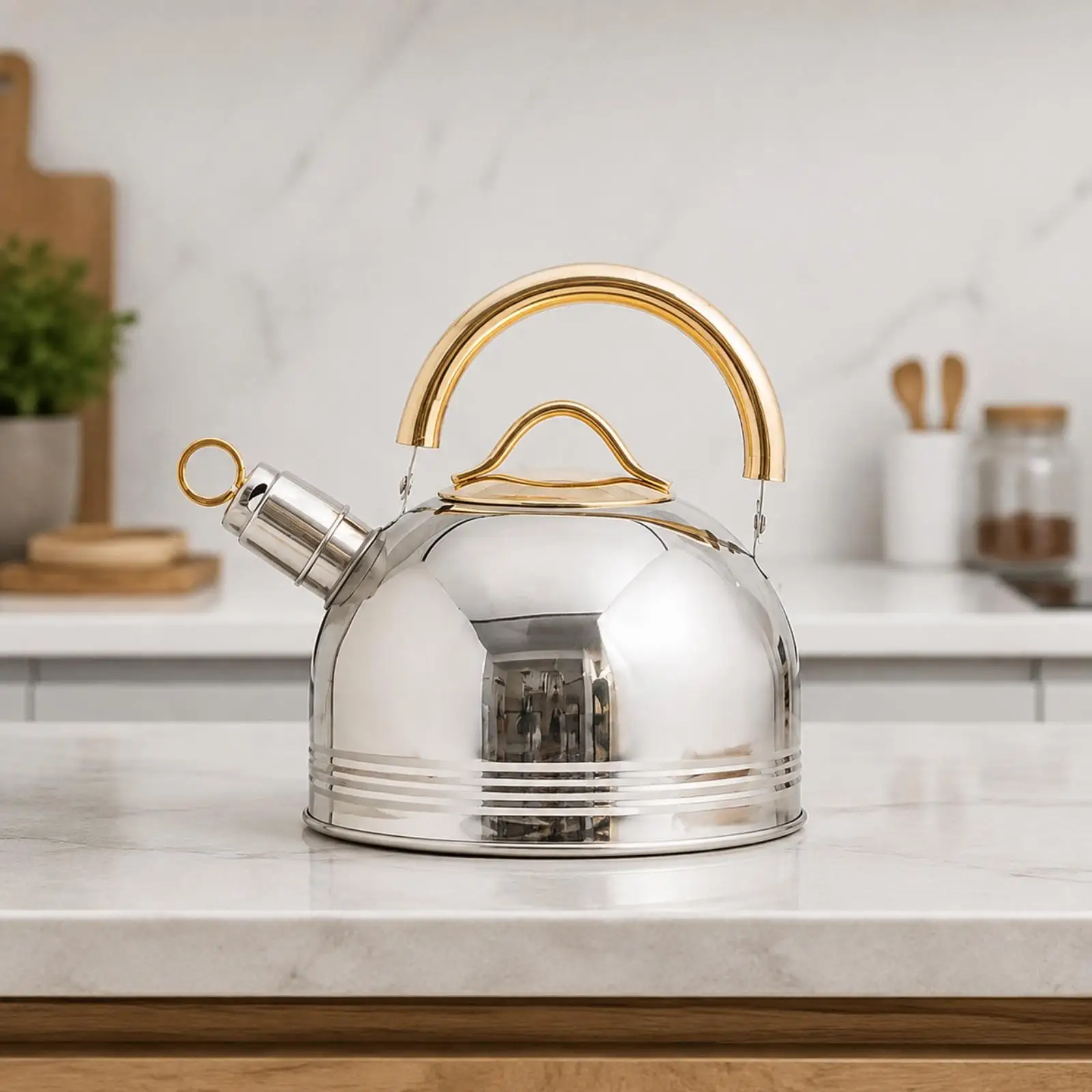 Polished Steel Whistling Tea Kettle for Stovetop 3 Liter Dome Shape Non Electric Coffee Water Boiler