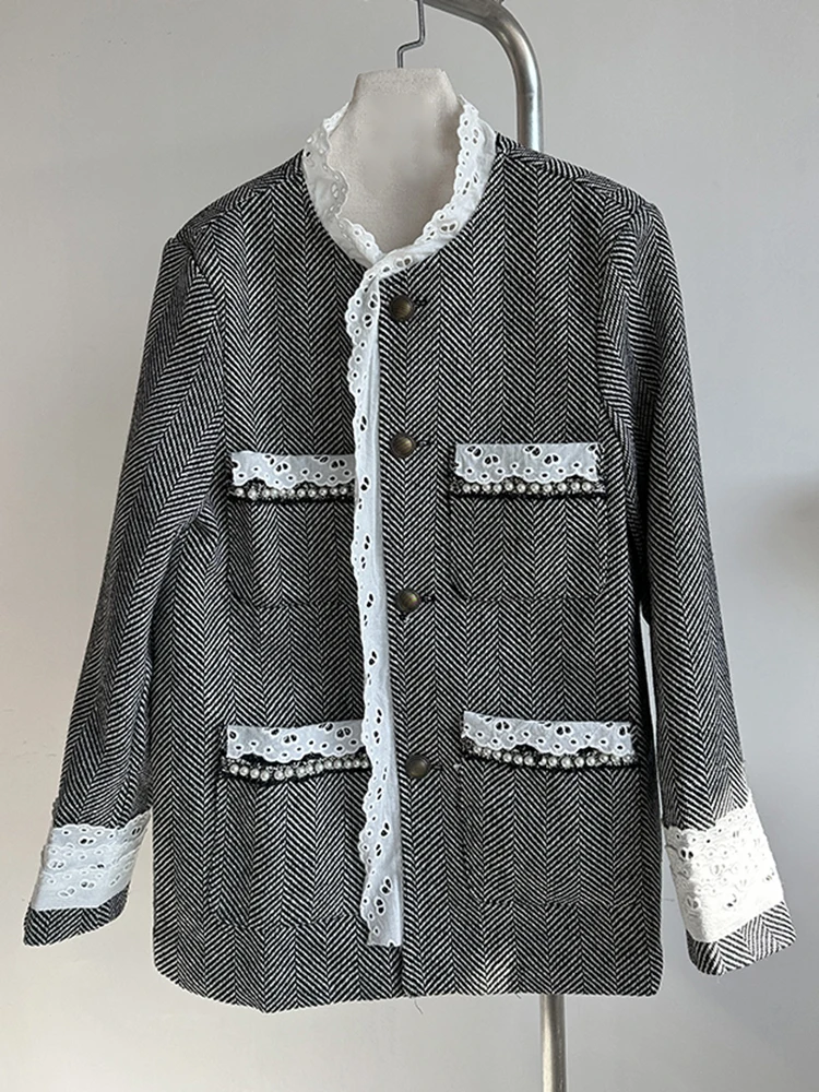 [EAM] Frauen Schwarz Spitze Elegante Vintage Große Größe Blazer Neue Stehkragen Langarm Jacke Mode Frühling Herbst 2025, 1DH4867