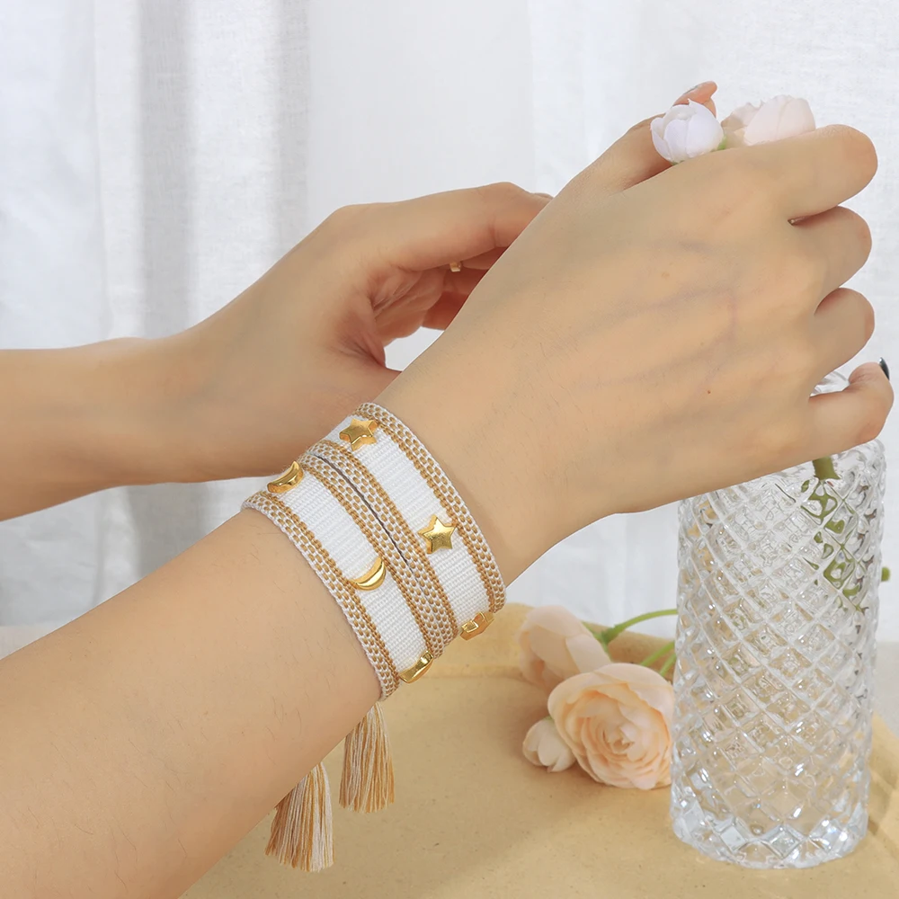 أساور الصداقة الكلاسيكية بنجمة القمر ، أساور ذراع منسوجة قابلة للتعديل ، مجوهرات مكدسة