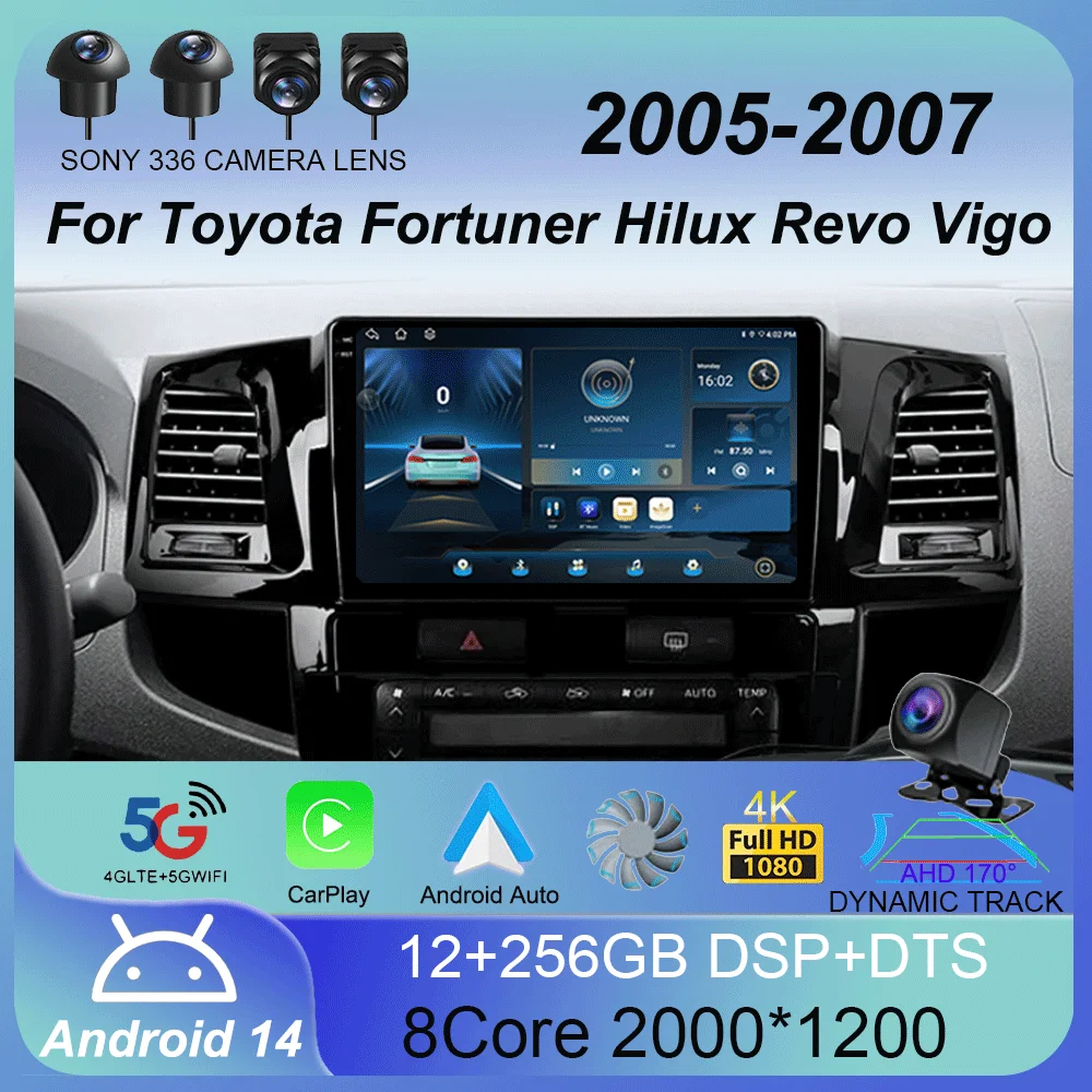 

Android 14 Carplay Auto Car Radio for Toyota Fortuner HILUX Revo Vigo 2007-2015 Video Player Autoradio Navigation GPS 360 Camera