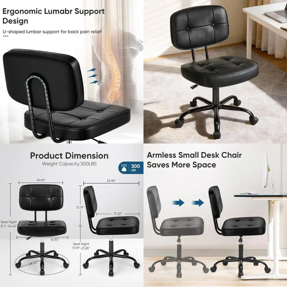 

Ergonomic PU Leather Armless Desk Chair with Adjustable Height and Lumbar Support for Home Office, Black