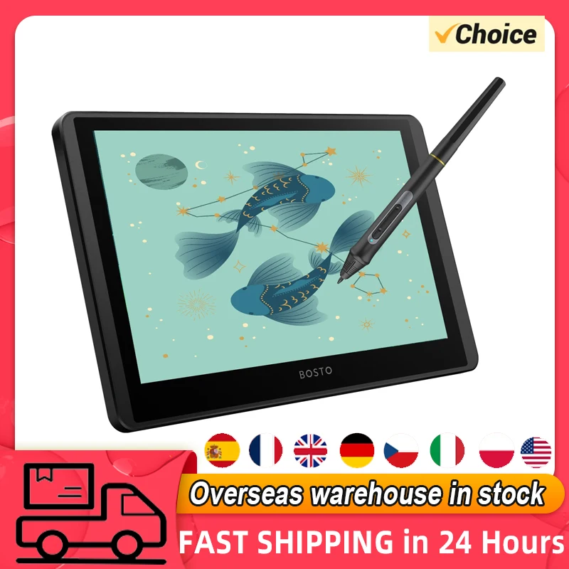 BOSTO 12HD-A H-IPS LCD Graphics Drawing Tablet Monitor 11.6Inch 1366x768 Display 8192 Pressure Level w/ Tilt Function Stylus Pen