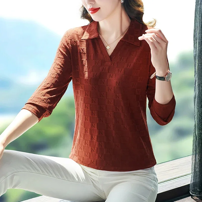 Autumn Jacquard POLO Shirt Long Sleeve Women Pulovers Women's T-shirt Elegant T-shirts Woman Pretty Neck Youth Sexy Tops Tees