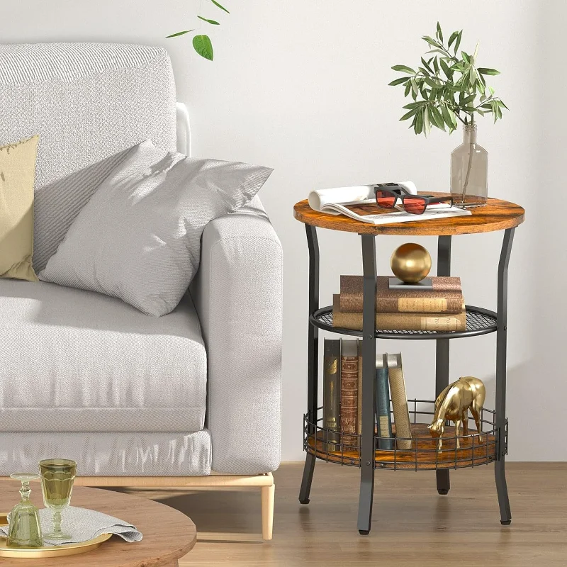 

Ironwood Round Side Table Vintage Floor-Standing Storage Shelf for Living Room/Bedroom Multi-Functional Space-Saving Organizer