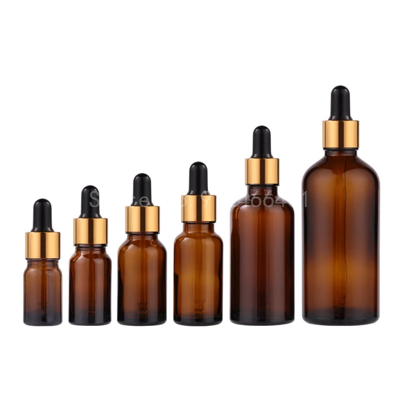 Flaconi contagocce in vetro da 10 pezzi 5ml 10ml 15ml 20ml 30ml 50ml 100ml flacone per Pipette con olio essenziale marrone ambra tappo vuoto nero oro