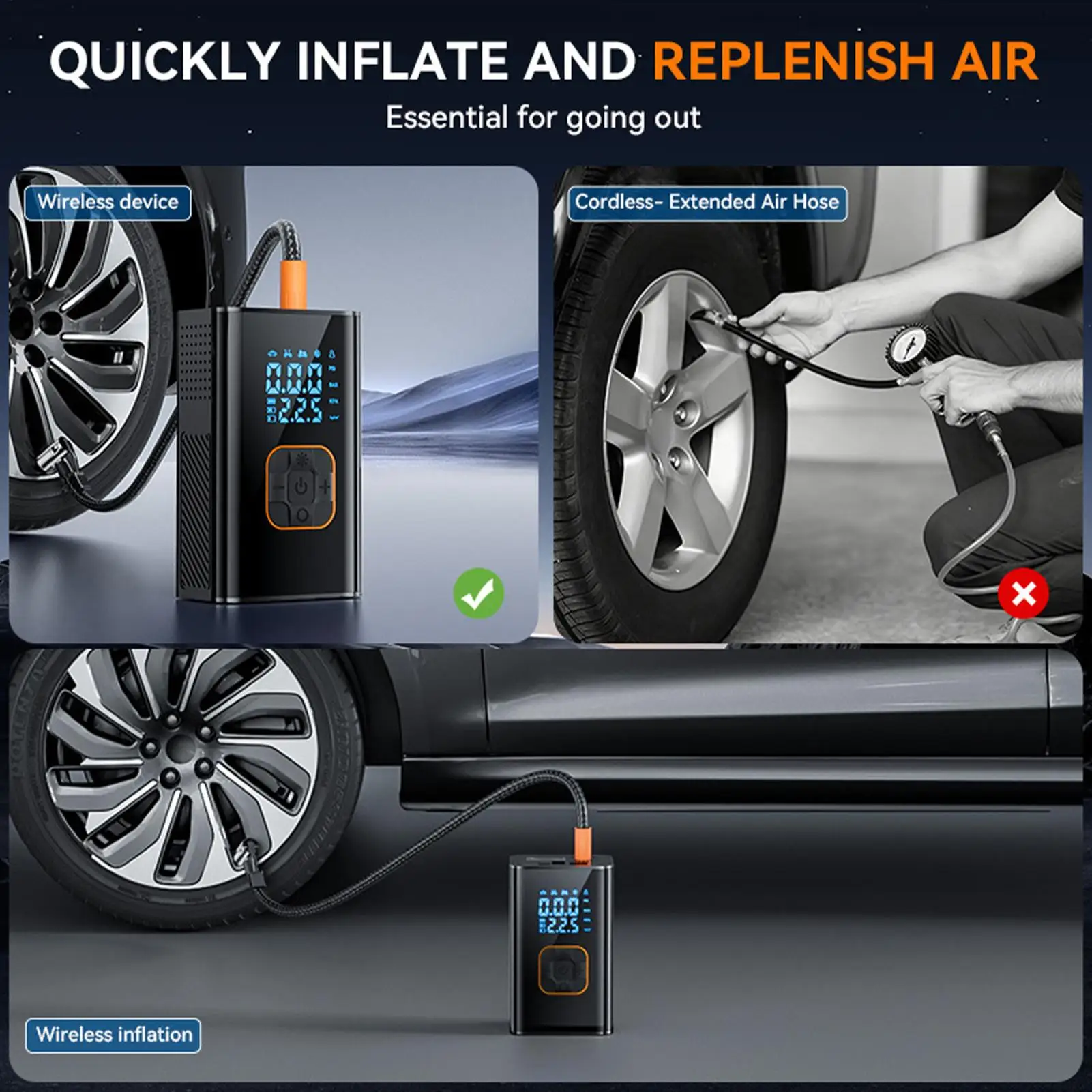 

Car Tire Inflator 150PSI Cordless Portable Automatic Tire Inflator Air Compressor With Digital Display For Auto Truck SUV Bike