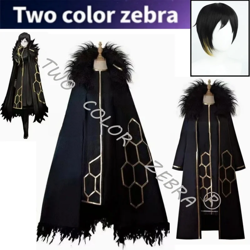 Disfraz de Cosplay de Library of Ruina Binah, Capa Negra de Fantasía con Ribete de Piel y Capa Medieval Geométrica Dorada, Set de Peluca para Juego de Rol